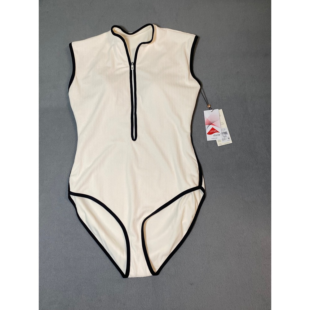 Lycra Xtra Life White Ribbed Paddlesuit Sleeveless Front Zip Swimsuit NWT Womens